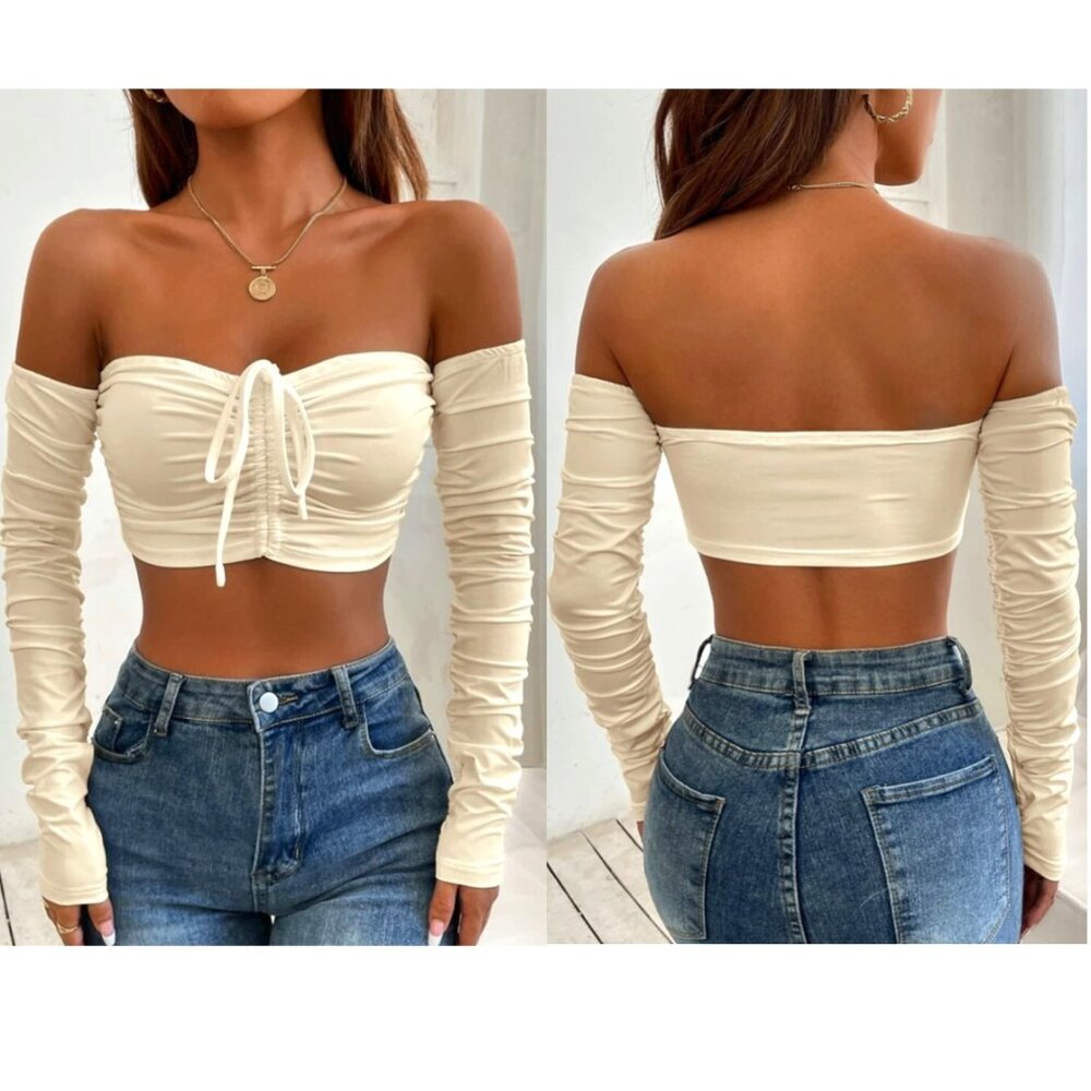 🌼 SHEIN Drawstring Ruched Crop Off Shoulder Top, L Cream NEW